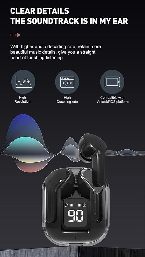 Wireless TWS Earbuds with Transparent Charging Case and LED Digital Display, Bluetooth V5.3 Headphones, Type-C Charging, Smart Touch Control